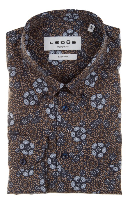 Ledûb Midnight Floral Elegance Overhemd Navy-Bruin