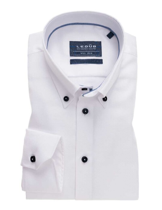Ledûb Plain Weave Contrasts Long Sleeve Button-Down Tailored Fit Shirt White