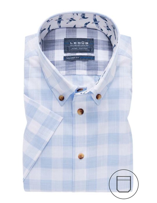 Ledûb Short Sleeve Contrast Button Check Overhemd Licht Blauw