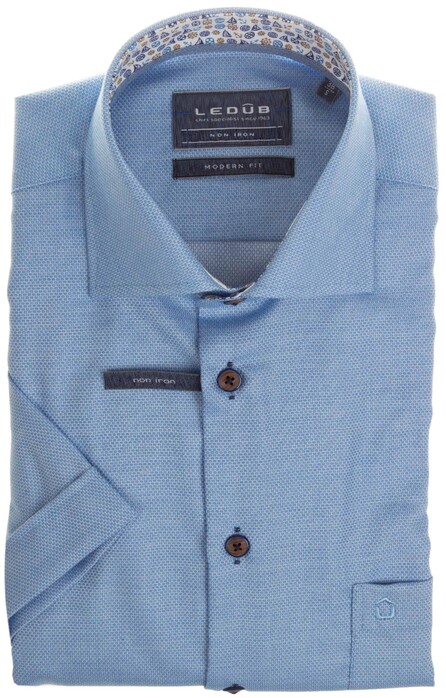 Ledûb Short Sleeve Fine Contrast Overhemd Midden Blauw