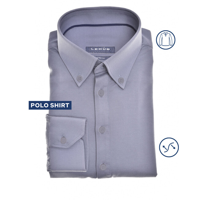 Ledûb Slim Fit Casual Pique Polo Long Sleeve Poloshirt Mid Blue