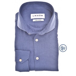 Ledûb Slim Solid Color Linnen Blend Overhemd Midden Blauw
