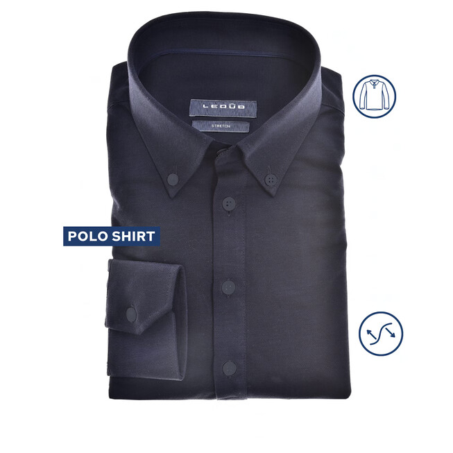 Ledûb Uni Tricot Stretch Polo Button-Down Modern Fit Overhemd Donker Blauw