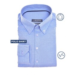 Ledûb Uni Tricot Stretch Polo Button-Down Modern Fit Overhemd Midden Blauw