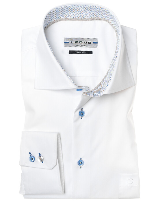 Ledûb White Modern Structured Contrast Overhemd Wit-Bruin