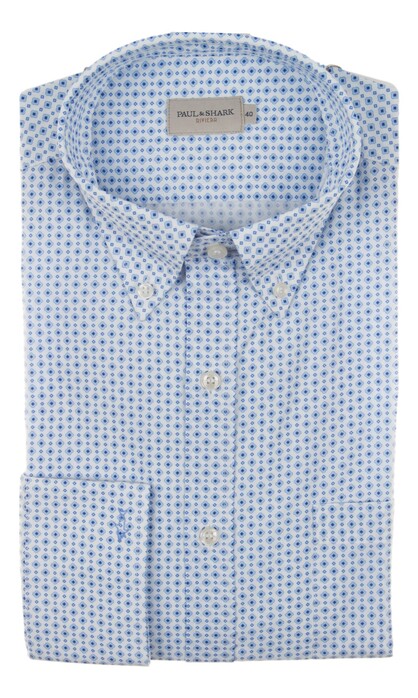 Paul & Shark - Overhemd LSL - 25413162R Riviera Cotton Shirt -  Wit - Licht Blauw