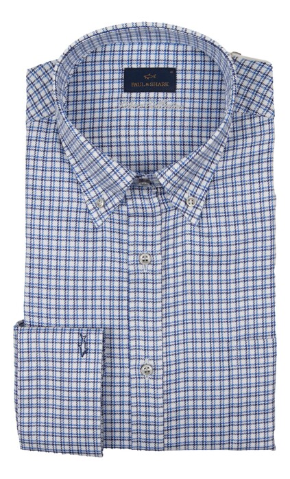 Paul & Shark Silver Cotton Satin Check Overhemd Blauw