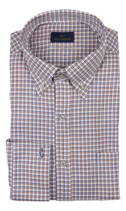 Paul & Shark Silver Cotton Satin Check Overhemd Bruin