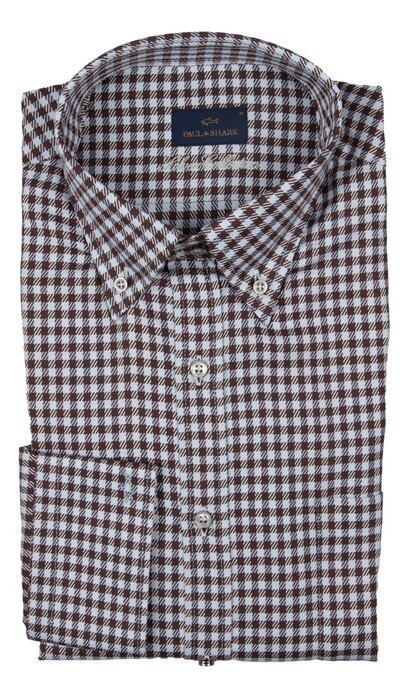 Paul & Shark Silver Cotton Satin Check Shirt Overhemd Blauw-Bruin