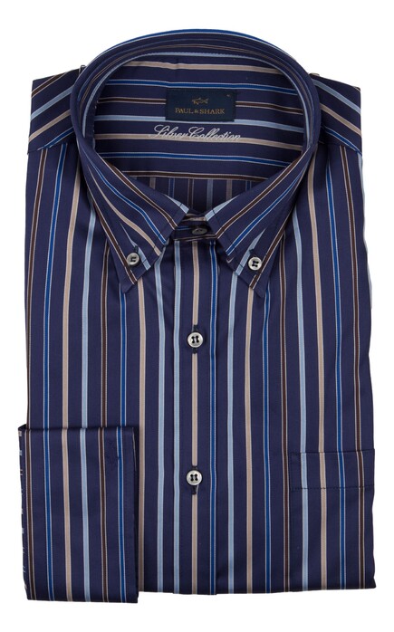 Paul & Shark Silver Cotton Satin Stripe Overhemd Blauw-Bruin