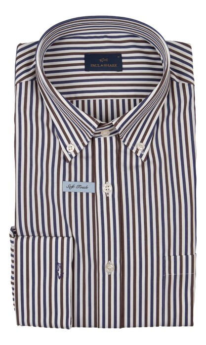 Paul & Shark Soft Touch Cotton Poplin 2 Tone Stripe Overhemd Blauw-Bruin