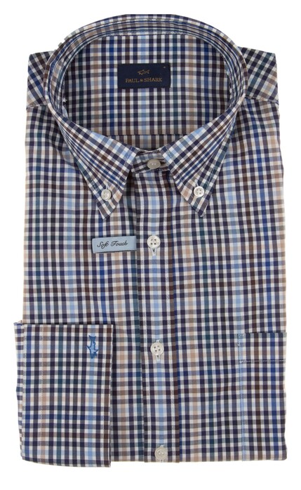 Paul & Shark Soft Touch Cotton Poplin Check Shirt Blauw-Zand