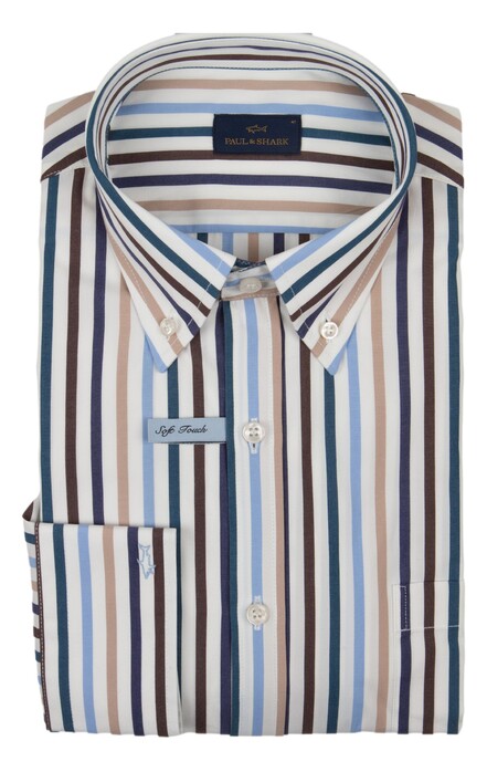 Paul & Shark Soft Touch Cotton Poplin Multicolor Stripe Shirt Blauw-Zand