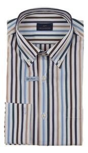 Paul & Shark Soft Touch Cotton Poplin Stripe Shirt Overhemd Wit-Blauw-Bruin