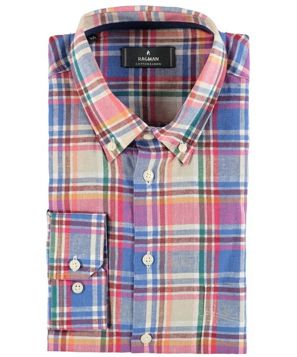 Ragman Multi Check Cotton Linen Button Down Shirt Blue-Yellow-Red