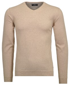 Ragman V-Neck Supersoft Cotton Cashmere Knitted Elbow Patches Pullover Beige
