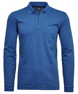 Ragman Zipper Softknit Polo Longsleeve Breast Pocket Poloshirt Blue Melange Dark