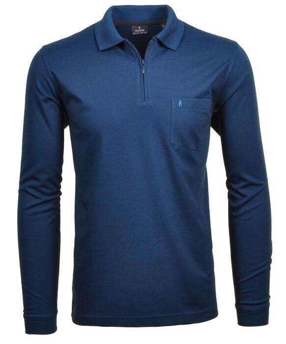 Ragman Zipper Softknit Polo Longsleeve Breast Pocket Poloshirt Dark Evening Blue
