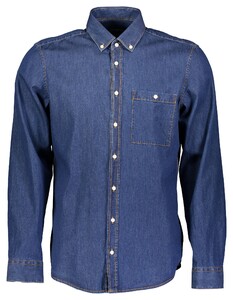 Roy Robson Uni Color Denim Stitch Details Button-Down Overhemd Donker Blauw