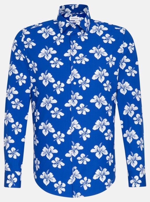 Seidensticker Poplin Large Floral Pattern Overhemd Sky Blue Melange