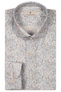 Thomas Maine Allover Feather Pattern Poplin Roma Modern Kent Overhemd Midden Blauw