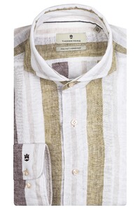 Thomas Maine Bari Cutaway Linen Big Stripes Shirt Green-Sand