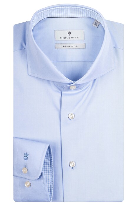Thomas Maine Bari Cutaway Uni Cotton Two-Ply Twill Subtle Contrast Check Overhemd Licht Blauw