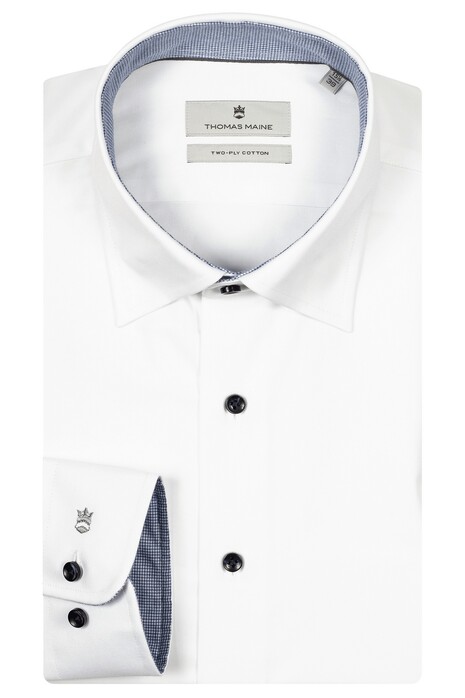 Thomas Maine Bergamo Twill Contrast Pied-de-Poule Hidden Button-Down Shirt White-Blue