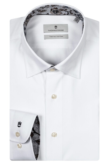 Thomas Maine Bergamo Two-Ply Cotton Floral Contrast Hidden Button-Down Shirt White-Lightblue