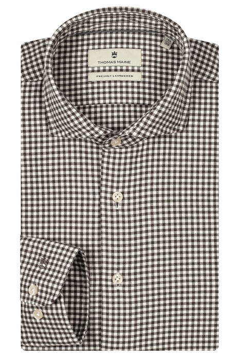 Thomas Maine Cotton Flannel Gingham Check Roma Modern Kent Shirt Brown