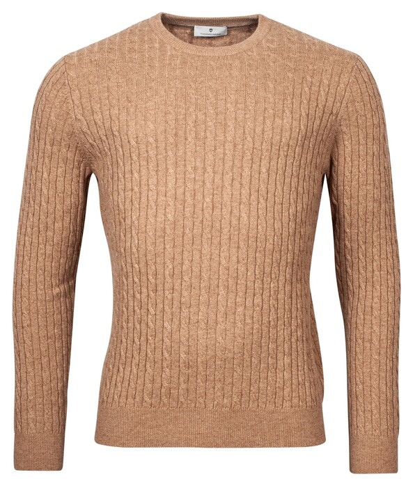 Thomas Maine Crew Neck Cable Knit Cashmere Pullover Tabac
