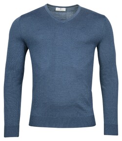 Thomas Maine Fine Merino V-Neck Single Knit Trui Denim Blue