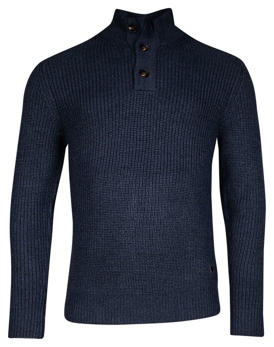 Thomas Maine Half Plaquet Buttons Texture Knit Trui Jeans Blue Melange