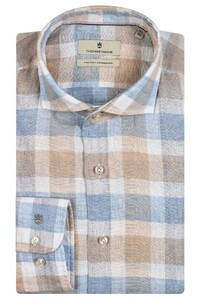 Thomas Maine Linen Cotton Blend Check Roma Modern Kent Collar Shirt Sand