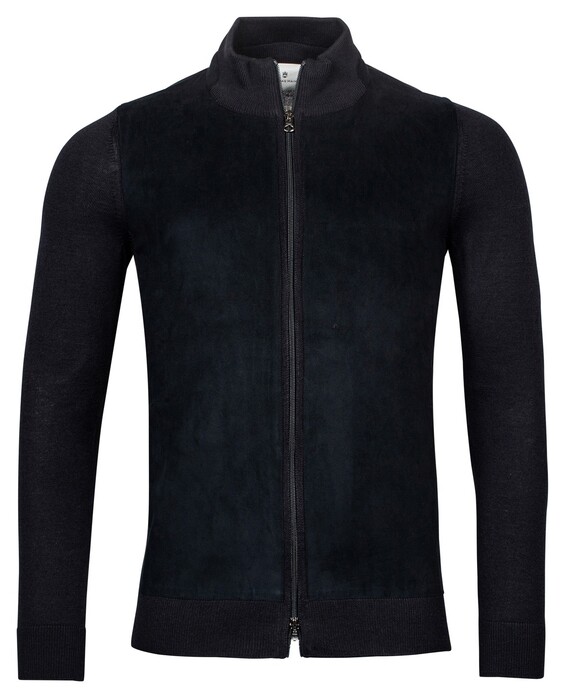 Thomas Maine Luxury Bomber Suède and Knitted Fabric Mix Cardigan Navy