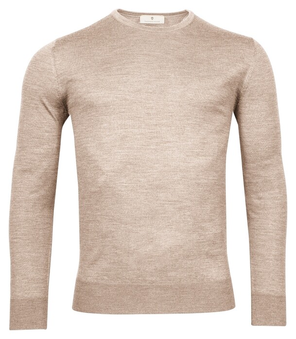 Thomas Maine Merino Crew Neck Single Knit Trui Licht Beige Melange