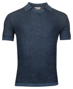 Thomas Maine Merino Linen Structure Knit No Buttons Polo Collar Poloshirt Indigo