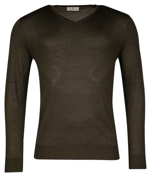 Thomas Maine Merino V-Neck Single Knit Trui Dark Olive