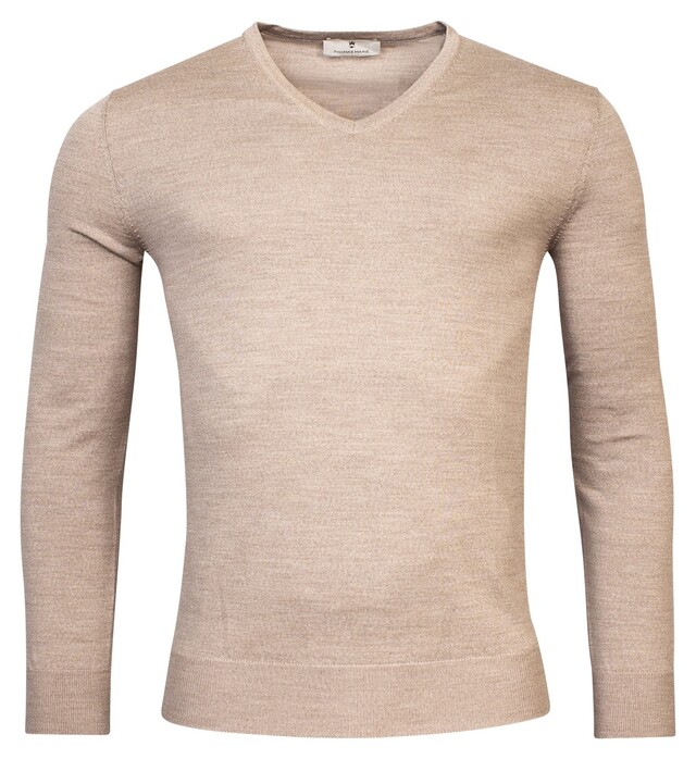 Thomas Maine Merino Wool V-Neck Single Knit Trui Licht Beige Melange