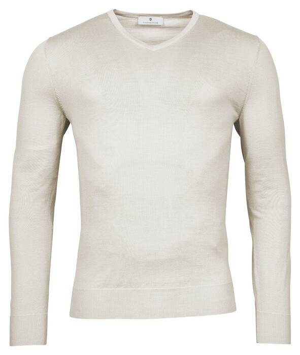 Thomas Maine Merino Wool V-Neck Single Knit Trui Licht Grijs Melange