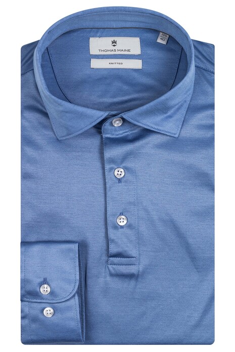 Thomas Maine Premium Supima Cotton Interlock Long Sleeve Poloshirt Mid Blue