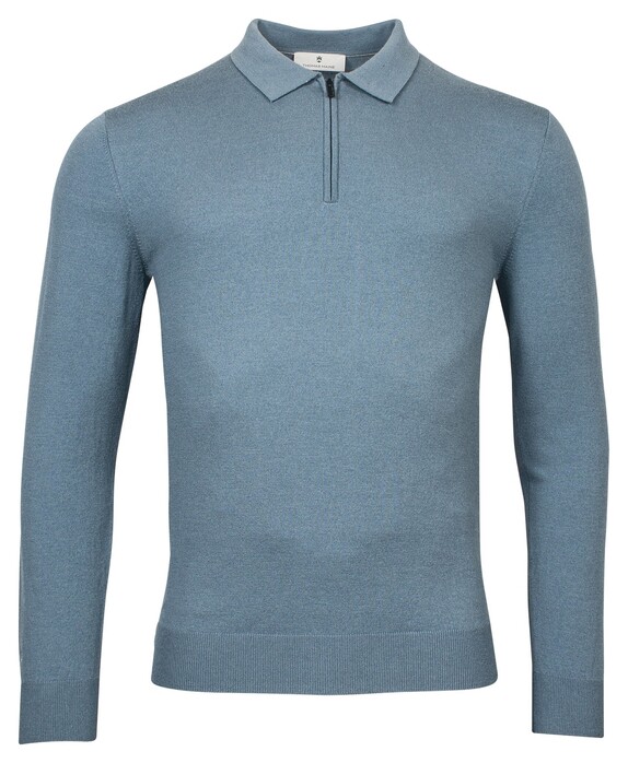Thomas Maine Pullover Half Zip Polo Collar Single Knit Merino Blend Greyblue