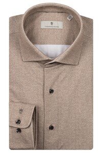 Thomas Maine Roma Herringbone Pattern Jersey Modern Kent Overhemd Donker Zand
