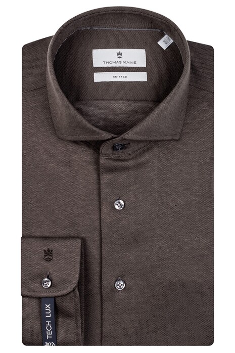 Thomas Maine Roma Modern Kent Cotton Linen Jersey Shirt Dark Brown Melange