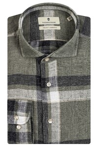 Thomas Maine Roma Modern Kent Linen Cotton Check Shirt Olive Green