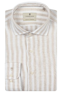 Thomas Maine Roma Modern Kent Linnen Stripe Overhemd Licht Beige