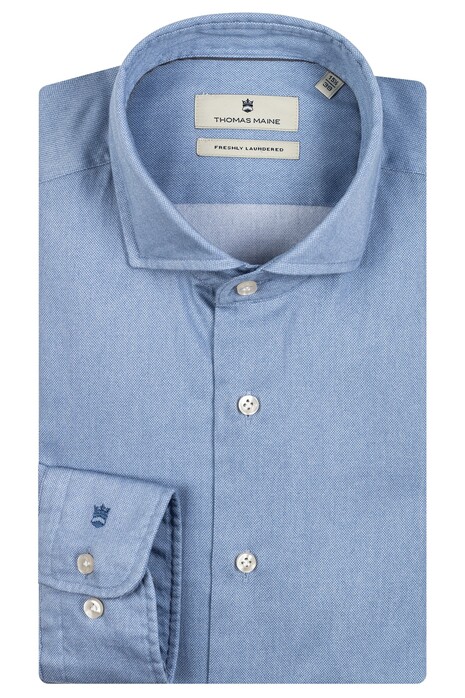 Thomas Maine Roma Modern Kent Subtle Printed Brushed Flanel Overhemd Blauw