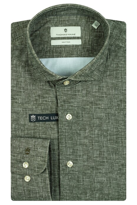 Thomas Maine Roma Modern Kent Tech Jersey Knit Weave Pattern Shirt Olive Green