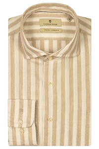 Thomas Maine Roma Modern Kent Wide Stripes Linnen Overhemd Licht Beige