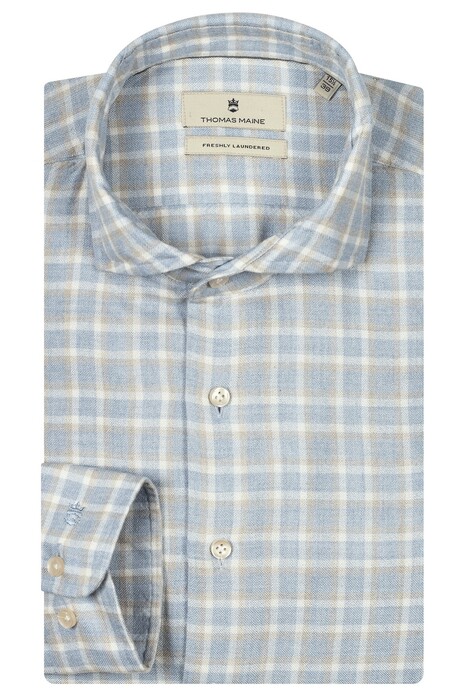 Thomas Maine Small Check Modal Wool Blend Roma Modern Kent Shirt Light Blue-Sand-White